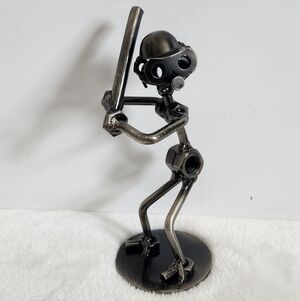 Nuts And Bolts Metal Dark Gray Silver 6" Baseball Player Man Cave Home Decor